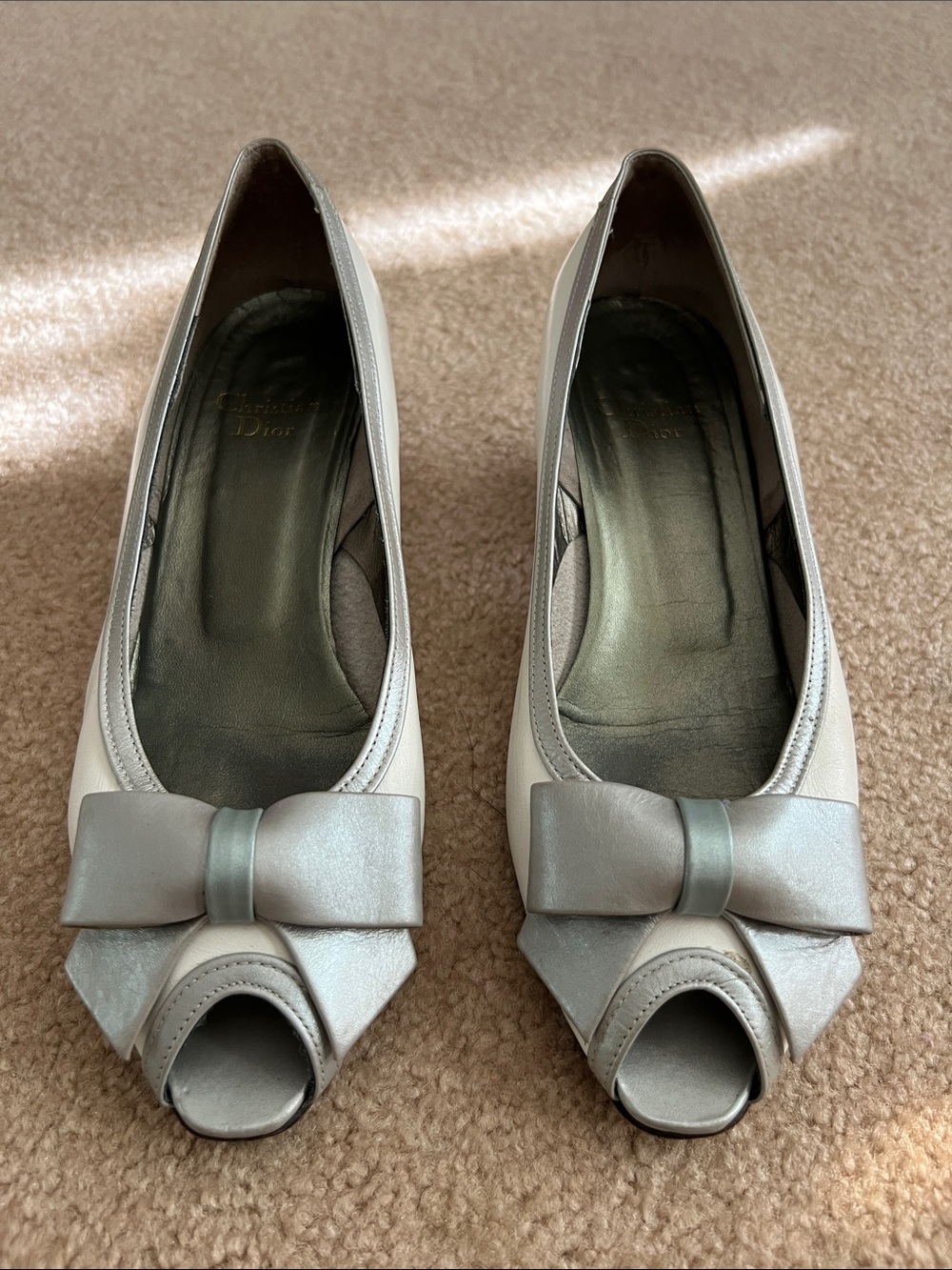 Dior Cream and Silver Peep-Toe Bow Pumps